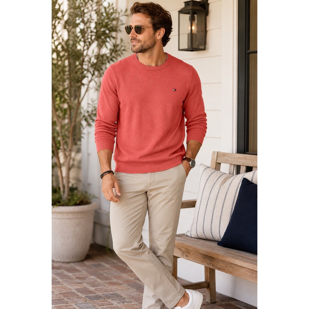 Tommy Hilfiger Men's Large Coral Cotton Crewneck Sweater Logo Coastal Prep